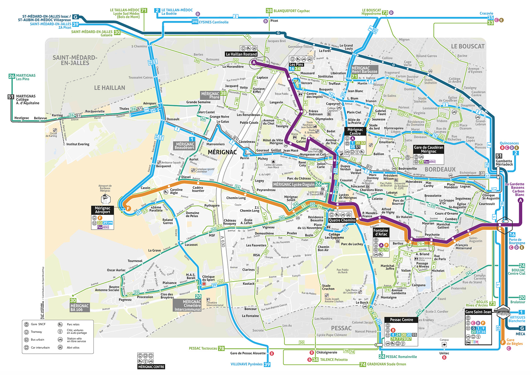 Plan réseau TBM à Mérignac