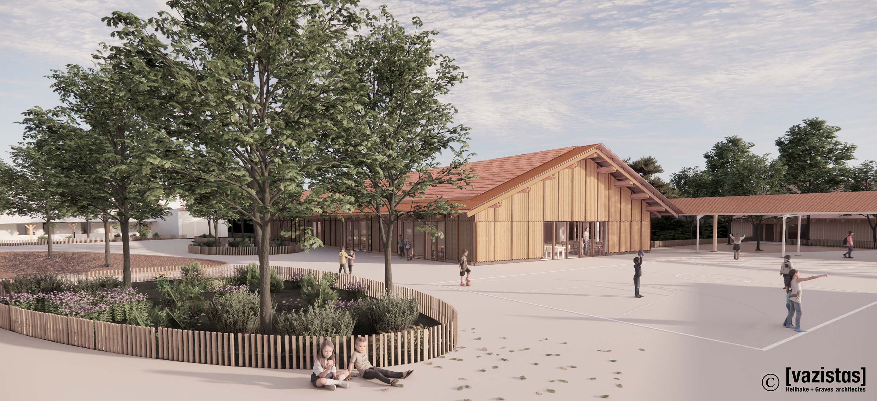 Vue du réfectoire depuis la cour oasis