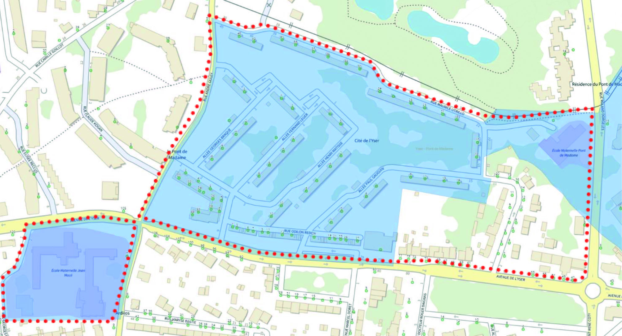 Périmètre du Projet de Renouvellement Urbain (en rouge) et du Quartier Prioritaire de la Ville (en bleu)
